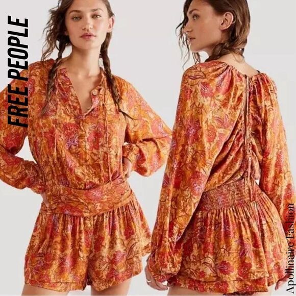 FREE PEOPLE DANCE TILL DAWN ROMPER IN ORANGE FLORAL PRINT XS TP NWOT - Picture 1 of 8